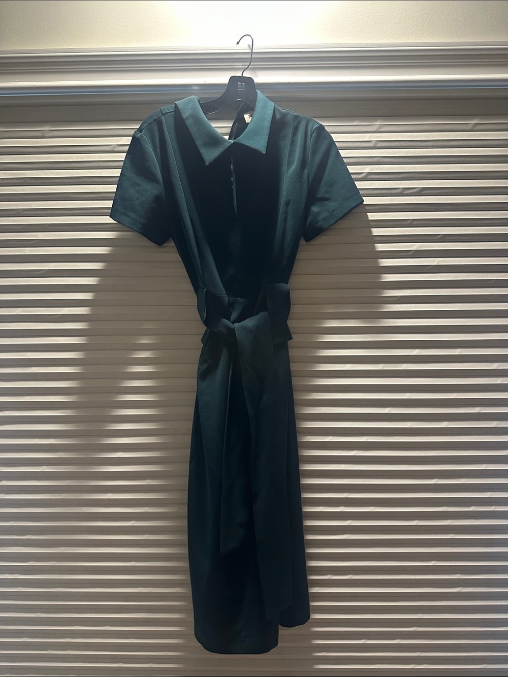 Tailored Deep Green Midi Shirt Dress with Waist Tie